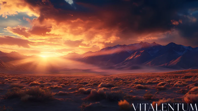 Fiery desert sunrise over distant snowcapped mountains.