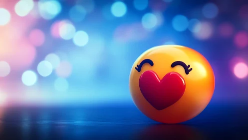 Love-struck emoticon rendered in luminous orange sphere with red heart.