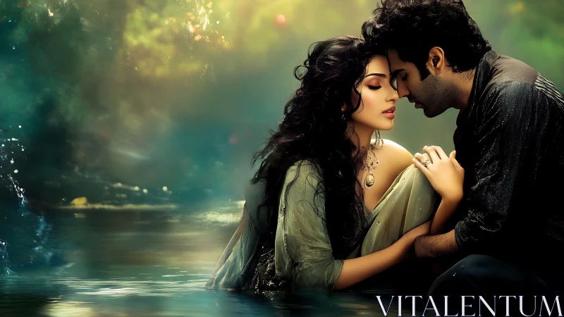 Two figures positioned in water with atmospheric forest backdrop.