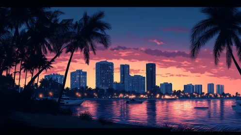 Neon dusk drapes a palm framed skyline over rippling harbor.
