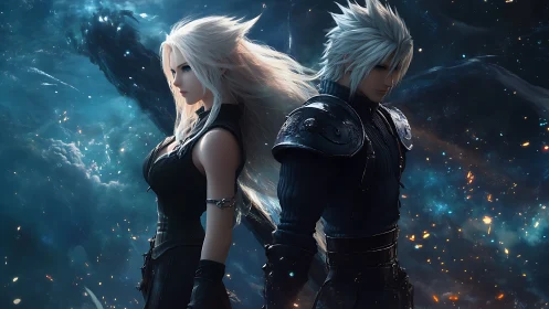 Starlit warriors stand back to back in a cosmic storm