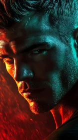 Bicolor rim-lit male portrait with cinematic rain simulation.