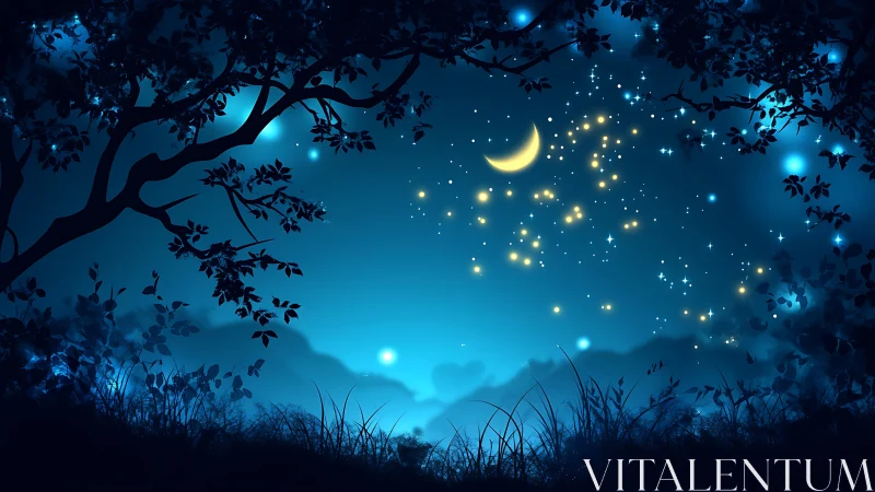 Crescent moon and glowing stars over silhouetted forest canopy.