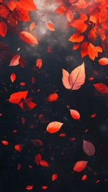 Crimson autumn leaves drift like sparks across midnight