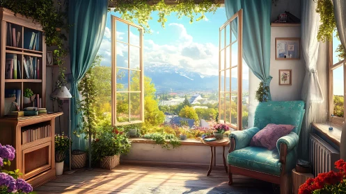 Sunlit reading nook opening onto a dreamy mountain view.