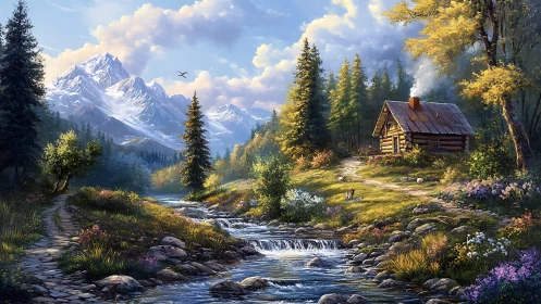 Mountain cabin stands beside stream in detailed landscape