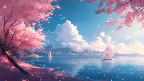 Sailboat drifts under pink cherry blossoms on tranquil lake