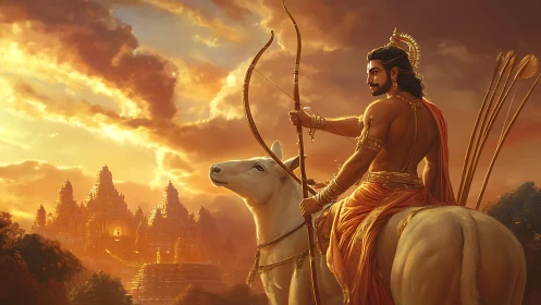 Sun-drenched warrior prince atop sacred white steed at dawn.