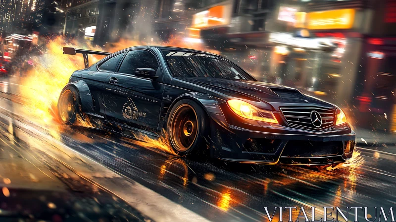 Midnight drift machine blazing through neon city rainstorm.
