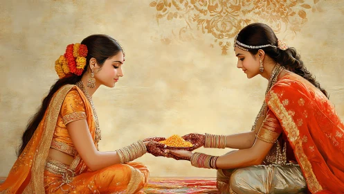 Two women in traditional Indian attire exchanging sweets, digital art.