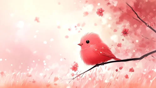 Red Bird Perched Among Blossoming Flowers in Dreamy Pink Atmosphere