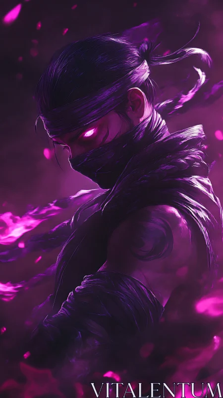 Masked shadow warrior channels glowing violet energy