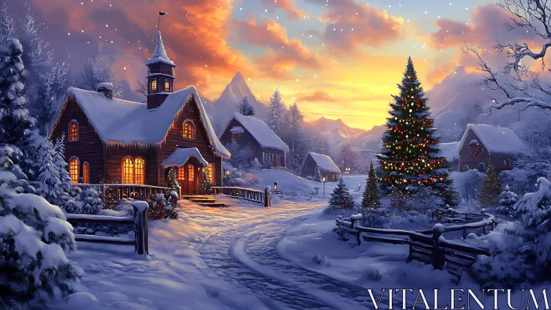 Digital painting of snowy village with illuminated Christmas tree.