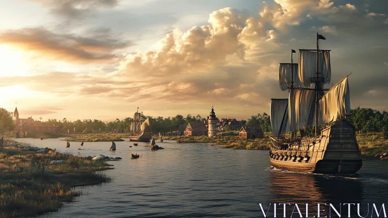 Rendered seventeenth‑century harbor with multi‑masted ships
