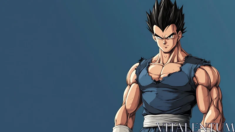 Muscular anime warrior in torn navy gi on blue field.