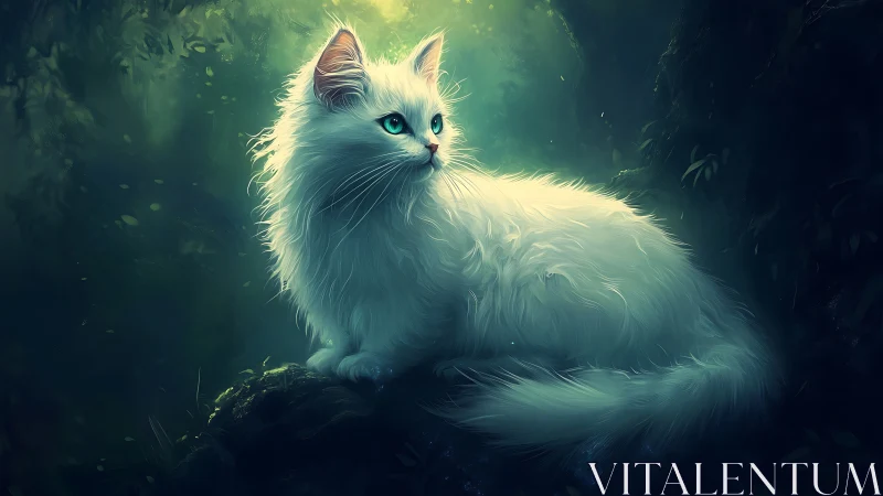 Luminous Guardian: White Cat's Ethereal Forest Watch.