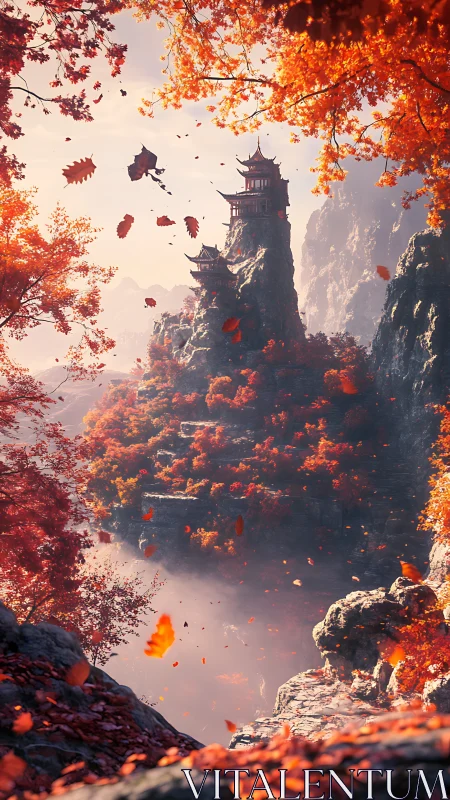 Digital painting of autumn cliffside pagodas with drifting leaves.