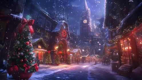 Snowy Christmas market street under tall clock tower.