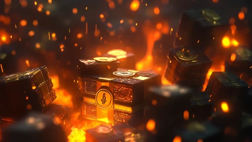 Digital Fortune Burns: Currency Ignites in Golden Flames.