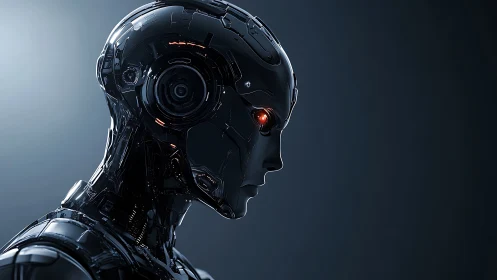 Side profile view shows dark mechanical humanoid head
