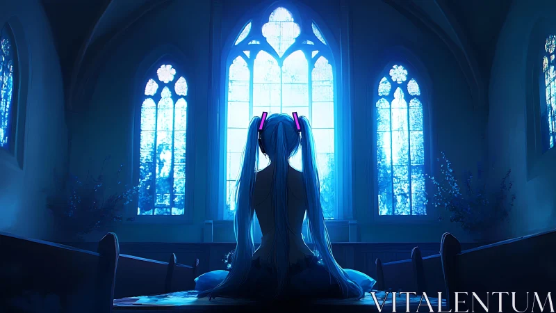 Neon-haired girl prays in moonlit cathedral hush.