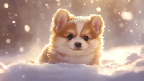 Snowlit corgi puppy melts winter hush in glowing flurries.