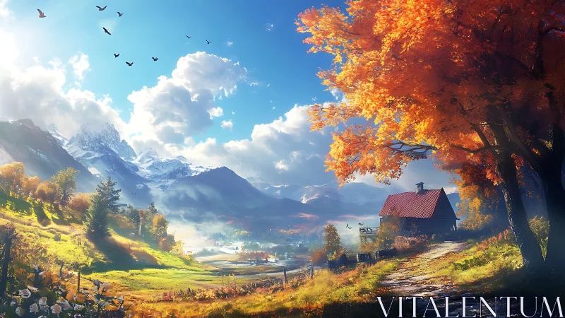 Digital painting of alpine valley cabin under vivid autumn light.