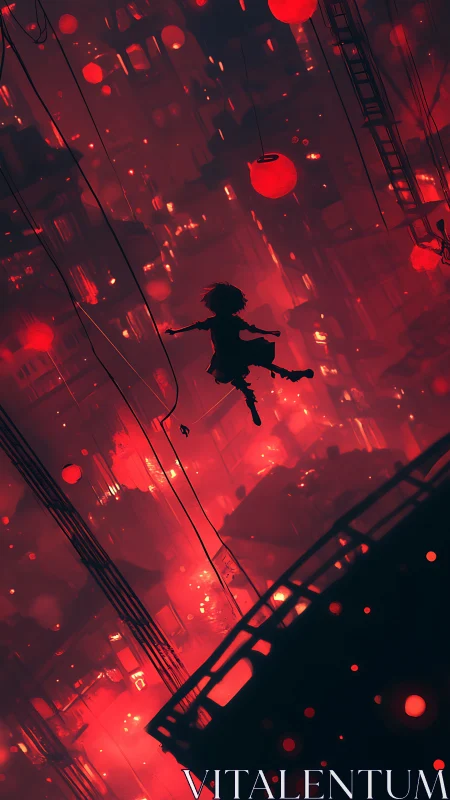 Silhouette child suspended among red lanterns in vertical city