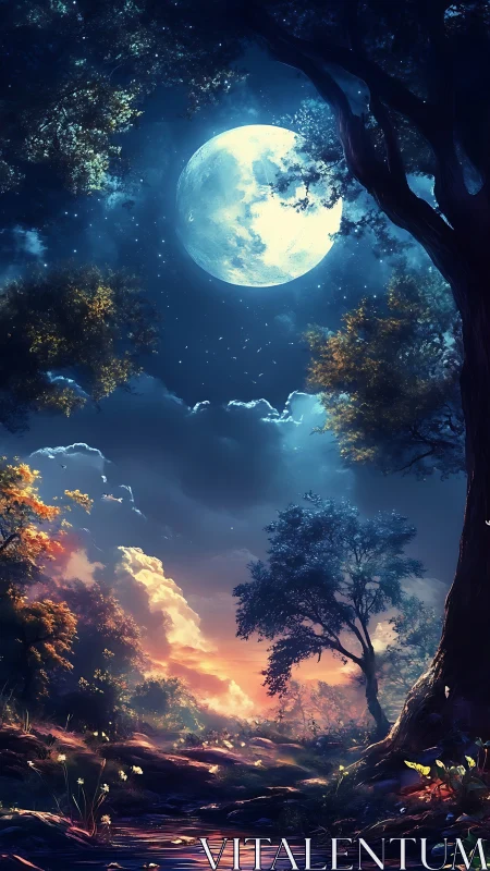 Moonlit forest quietly welcomes a dreamy twilight sky