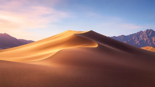Sunlit desert dunes curl like golden waves at dawn.