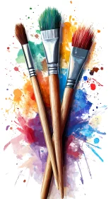 Triad of paintbrushes over dynamic watercolor splashes.
