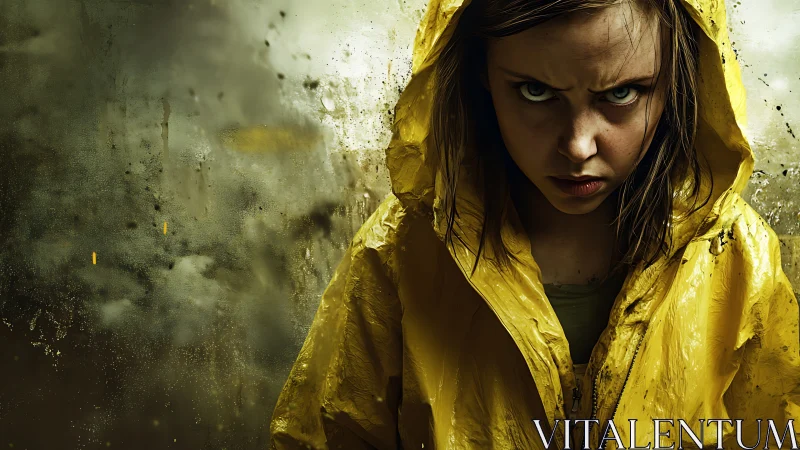 Intense child portrait in yellow raincoat with cinematic lighting and rain