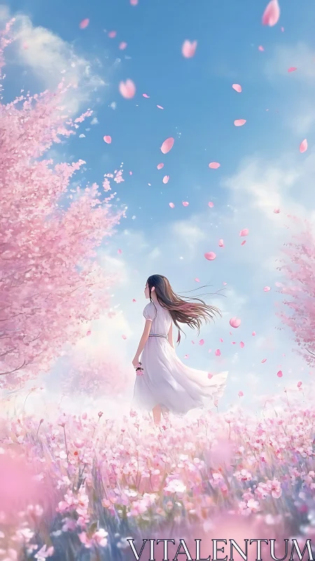 Girl in white dress walks through dreamy pink blossom field