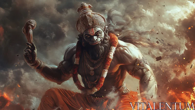 Mythic warrior deity strides through swirling firestorm