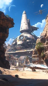 Desert canyon starport integrates monumental retro-futurist launcher