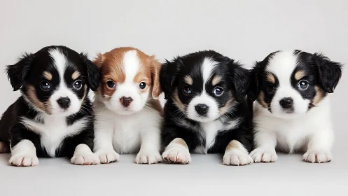 Symmetric studio portrait of four tricolor spaniel puppies.