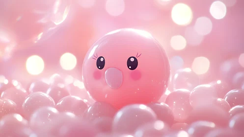 Rosy Bubble Character Floating Through Pastel Dreamscape.