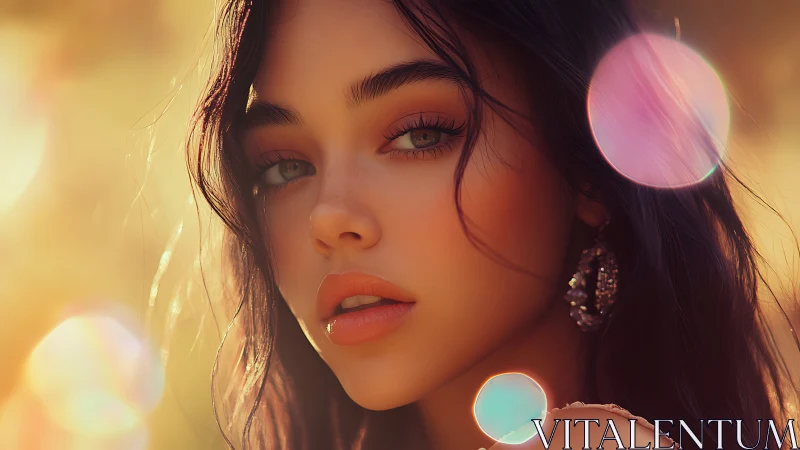 Portrait beauty glows in golden bokeh sunset light.