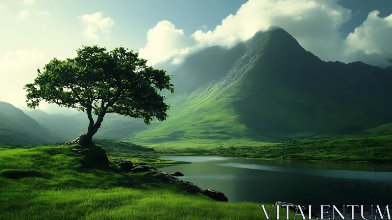 Solitary lakeside tree below sunlit emerald mountain peak.