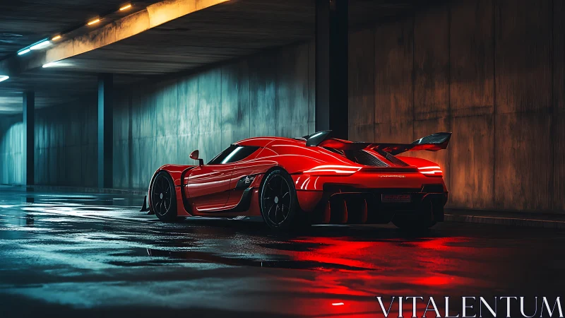 Sleek red supercar glowing under moody tunnel lights.