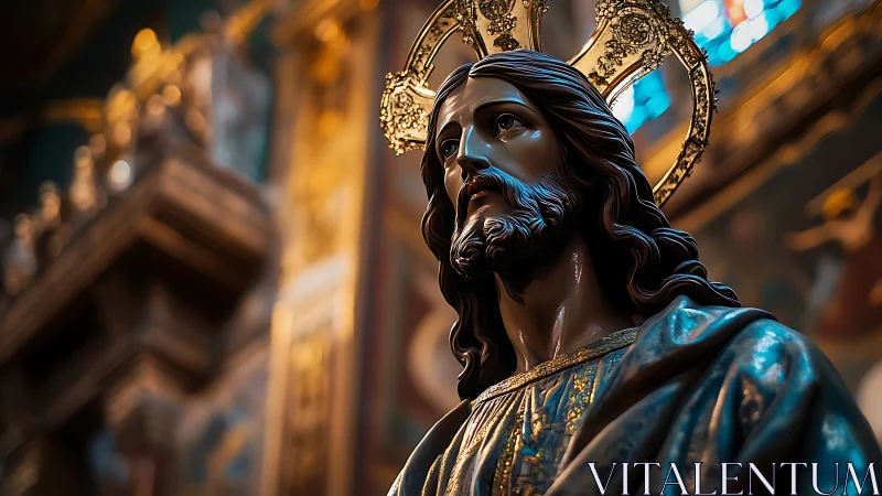 Polychrome sculpture of robed male figure with halo in church.