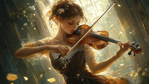 Golden afternoon violinist wrapped in drifting petals.