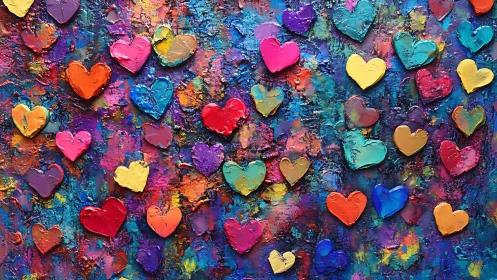 Multicolored heart shapes on textured paint surface