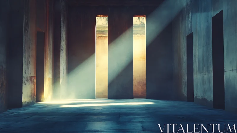 Sunlit vertical openings in minimal concrete corridor interior.