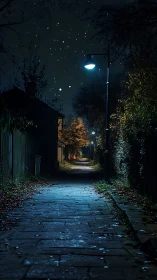Nocturnal wet alleyway under cool urban lamplight perspective.