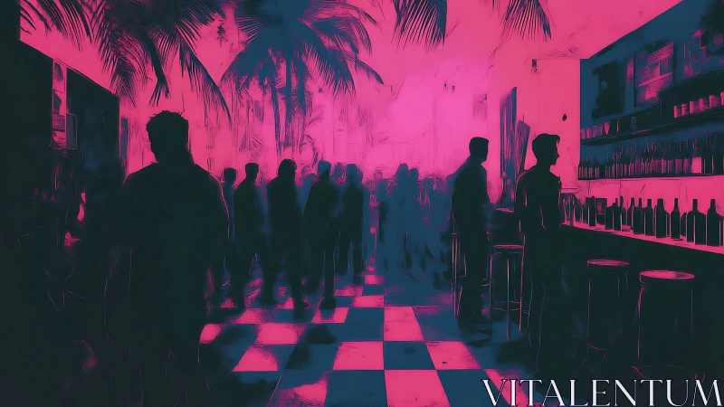 Neon nightclub bar with silhouetted crowd and palms.