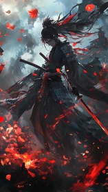 Crimson petals swirl around a lone swordsman in stormy silence