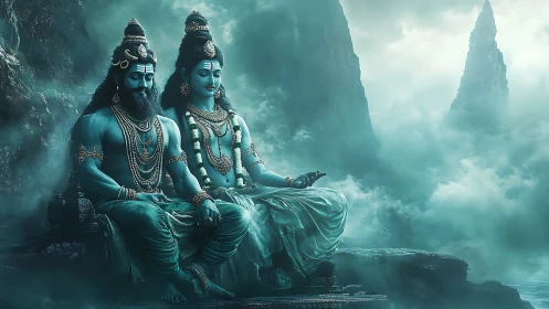 Divine couple meditates in misty mountains of ethereal teal