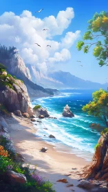 Sunlit coastal cliffs welcome gentle waves and soaring birds