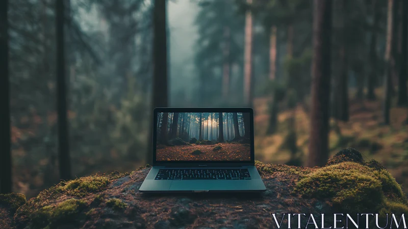 Laptop rests on forest log displaying aligned woodland scene